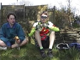 Nick Green and Julian Duquemin eating lunch on Looe Hill, Seaton